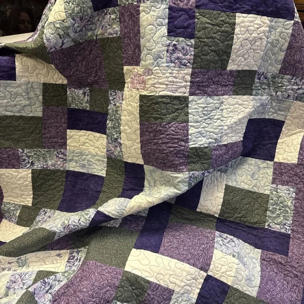Vtg 2001 Handmade Patchwork Purple Quilt Quilted celebrating Names Poudre 68x45”